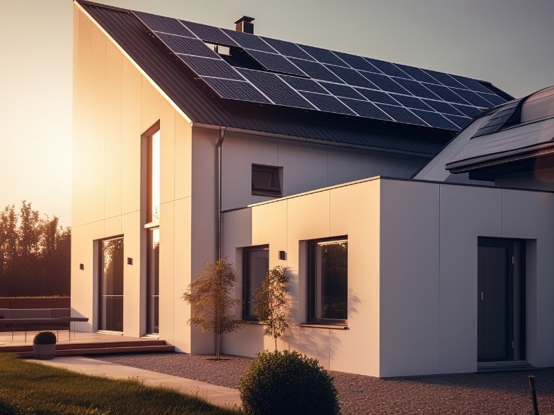 A house with a rooftop solar panel system.