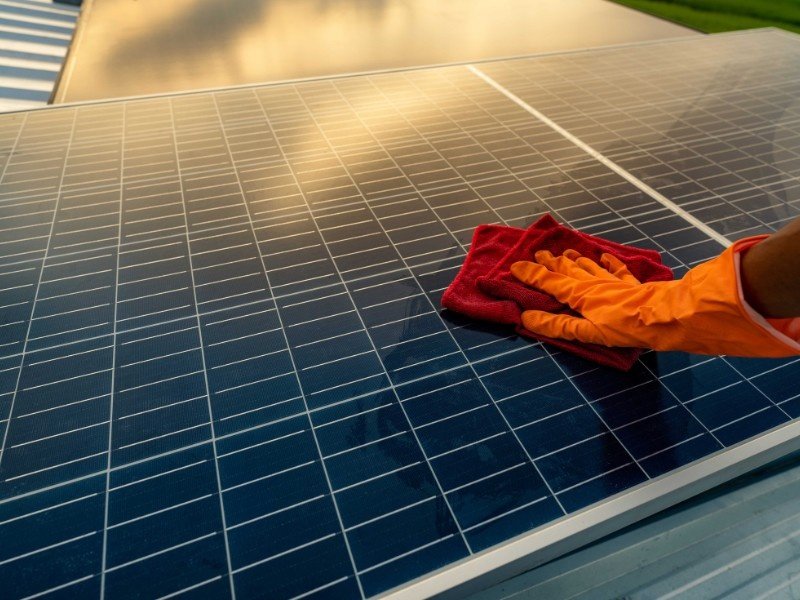 Cleaning of Solar Panel System is done with a cloth.